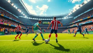 축구중계 중인 경기장에서 활발히 움직이는 선수들의 나른한 모습