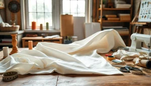 Katoen stof met naaigereedschap op een houten tafel.