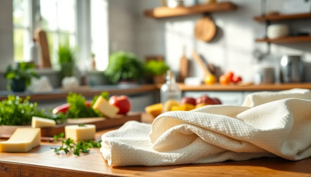 Gebruik van een kaasdoek om zelfgemaakte kaas te maken, met ingrediënten en keukenaccessoires.