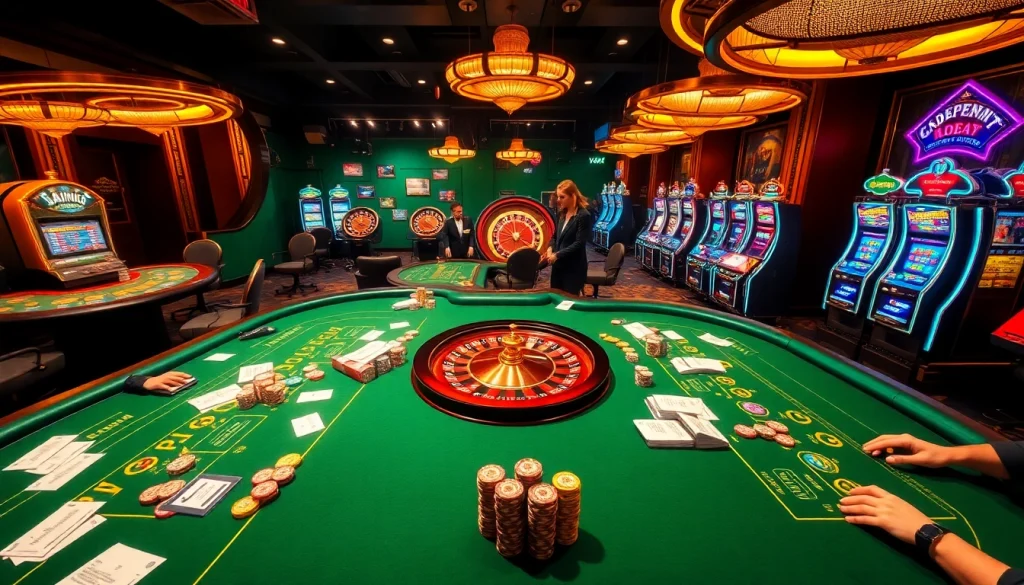 Players enjoying a thrilling game at XX88 casino with colorful tables and vibrant decor.