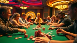 Win big at Okfun with a high-stakes poker table filled with vibrant chips and eager players.