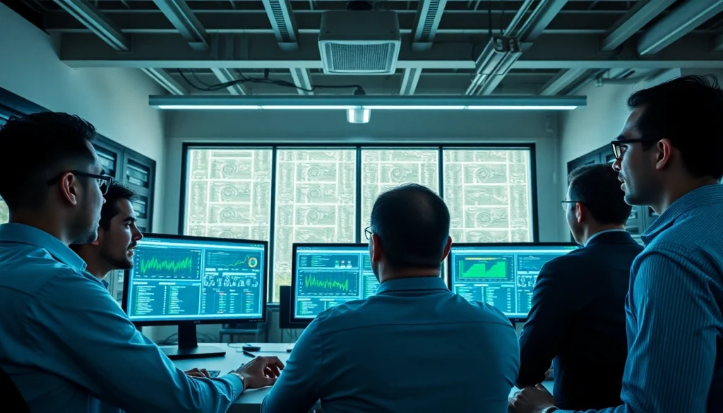 Proxmox Virtualization Experts collaborating with high-tech equipment in a professional office setting.