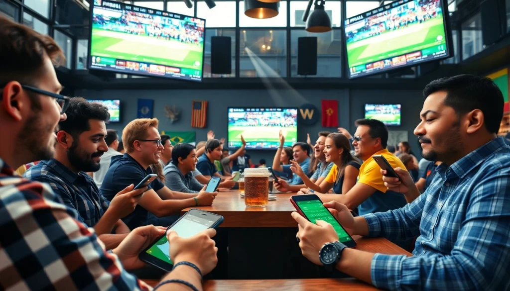 Engaged bettors exploring the best sports betting sites in Brazil depicted in a vibrant atmosphere.