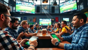 Engaged bettors exploring the best sports betting sites in Brazil depicted in a vibrant atmosphere.