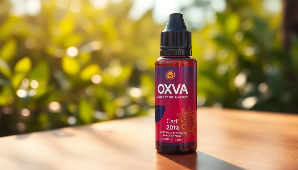 Oxva Liquid in a beautifully designed bottle on a wooden surface, showcasing its vibrant colors.
