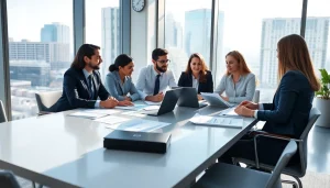 Engaged investment management San Antonio team collaborating in a modern office environment.