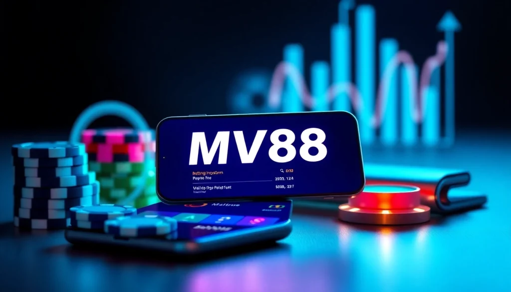 MV88 app interface on smartphone, showcasing vibrant betting features and digital wallet.