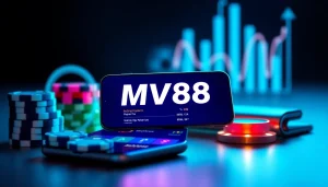 MV88 app interface on smartphone, showcasing vibrant betting features and digital wallet.