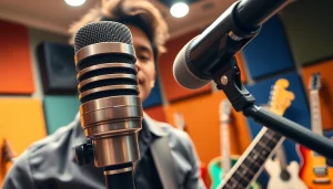 Capture the MV88 microphone in action as a musician performs in a vibrant studio setting.