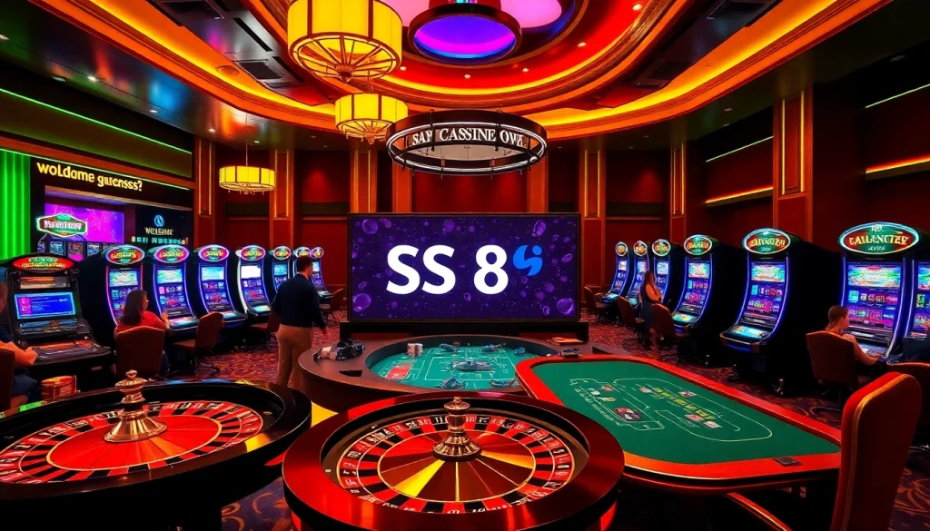 Exciting gambling action at S8 casino with roulette, poker, and vibrant slot machines.
