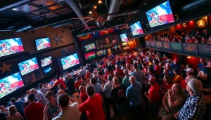 Engaging atmosphere at sports betting sites Texas with fans cheering in a lively sports bar.