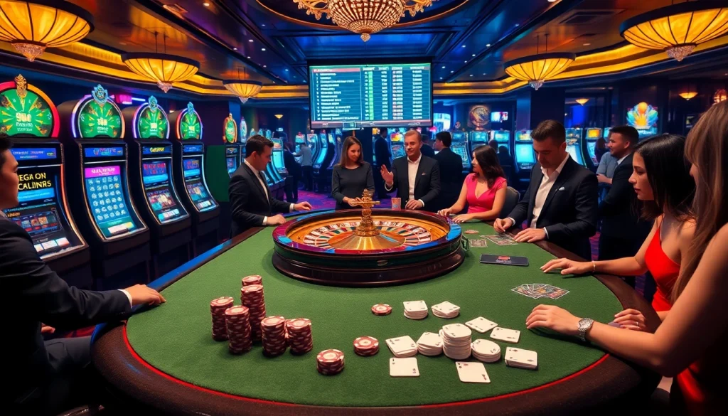 Kjc onl offers an immersive casino experience with a luxurious roulette table and vibrant slot machines.