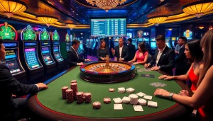 Kjc onl offers an immersive casino experience with a luxurious roulette table and vibrant slot machines.