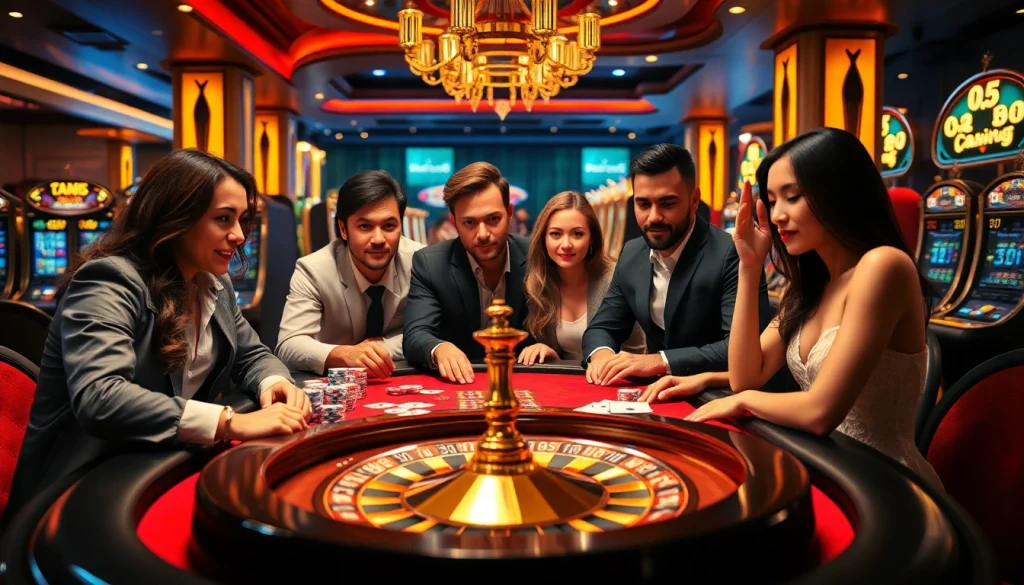 Exciting casino scene at PH22211.COM featuring poker, roulette, and slot machines.