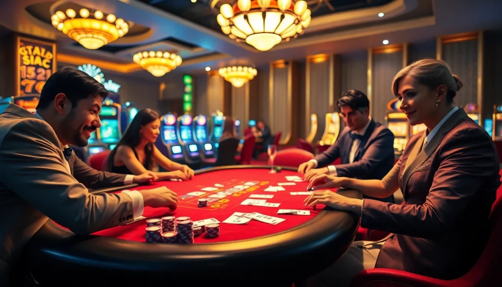 Meja permainan Togelsumo menampilkan permainan togel sumo yang dinamis dengan para pemain bersemangat di kasino mewah.