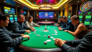 Engaged players at a luck8 casino poker table enjoying an exhilarating gaming experience.