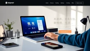 Download 爱思助手下载 on a sleek laptop in a modern workspace, featuring innovative tech elements.