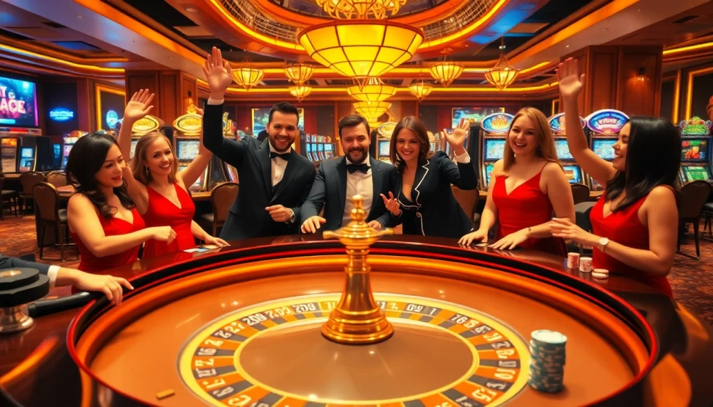 Experience the thrill of gambling at 789F with a vibrant casino scene featuring roulette and slot machines.