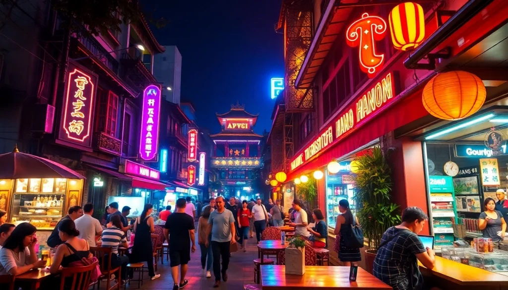 Hanoi nightlife vibrantly captured with bustling streets, neon lights, and outdoor cafes, showcasing 하노이밤문화 atmosphere.