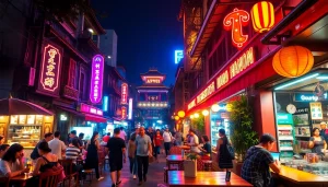 Hanoi nightlife vibrantly captured with bustling streets, neon lights, and outdoor cafes, showcasing 하노이밤문화 atmosphere.
