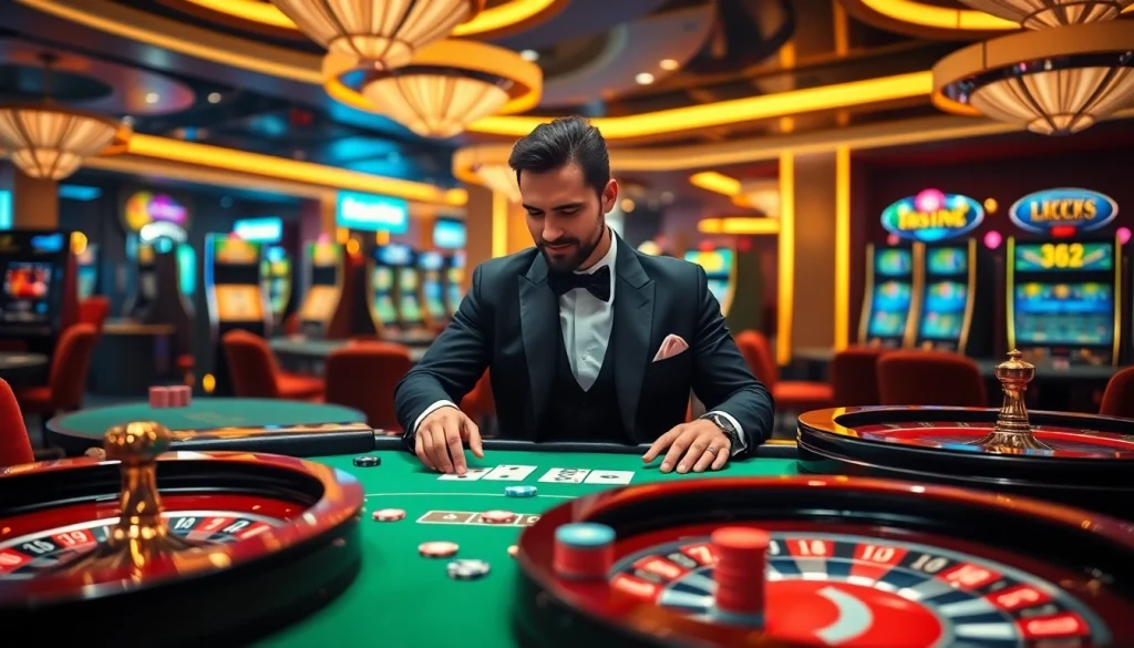 Experience excitement at 99win's modern casino table with vibrant poker chips and a roulette wheel.