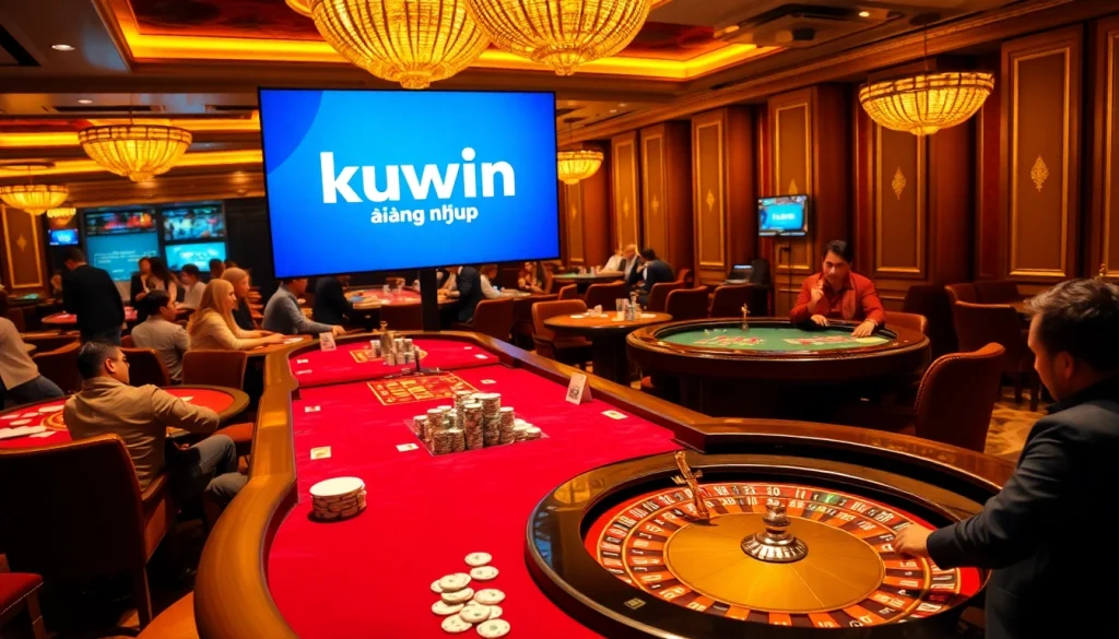 Kuwin đăng nhập interface displayed on a casino table amidst lively gambling action.