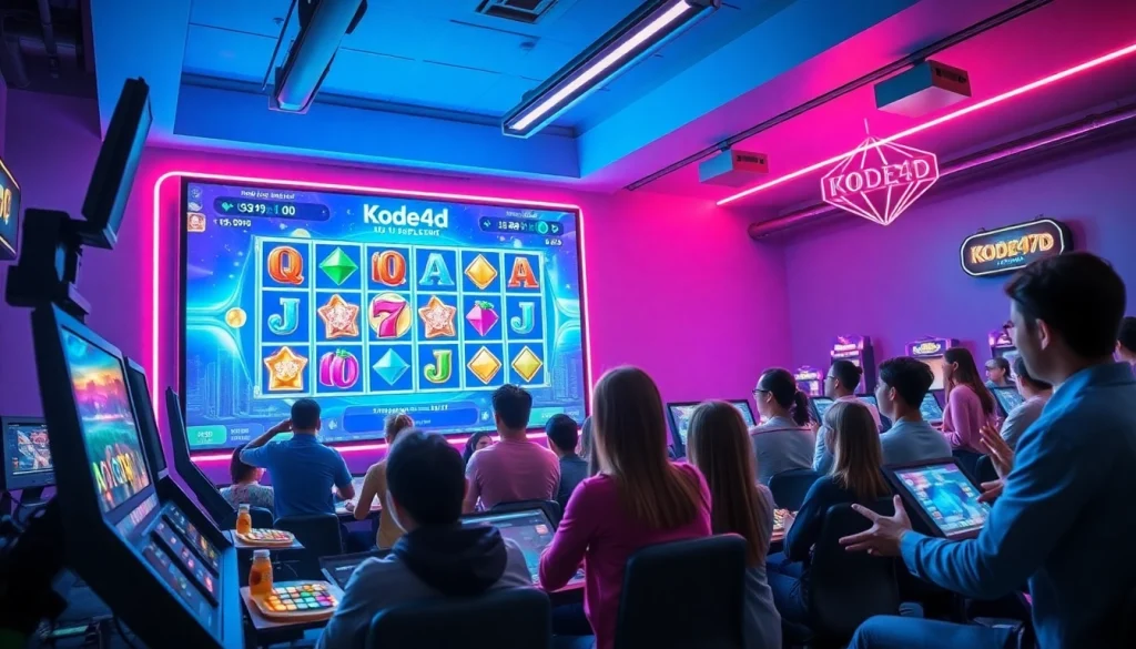 Kode4d slot gaming scene with enthusiastic players and vibrant animated winnings