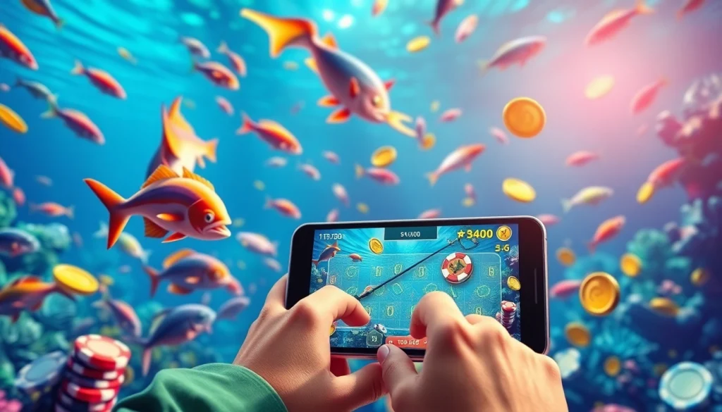 Experience thrilling bắn cá đổi thưởng gameplay in a vibrant underwater world filled with colorful fish.