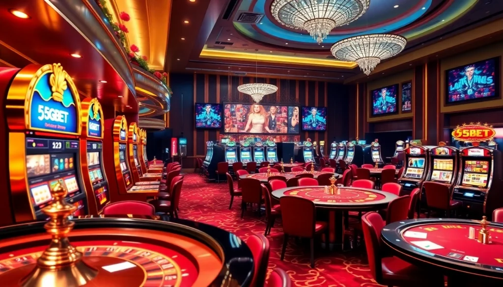 Experience the thrill of 5GBET Download with vibrant casino scenes full of slot machines and poker tables.