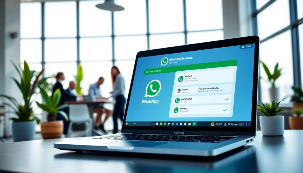 Collaborative professionals using WhatsApp Business CRM in a vibrant workspace.