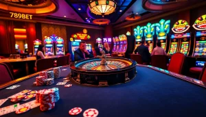 Gambling action at 789BET casino with poker chips, cards, and exciting atmosphere.