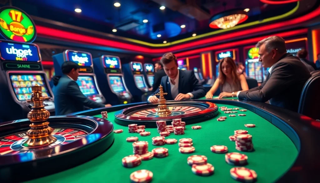 Exciting players engaging in high-stakes games at a luxurious casino with "uu88 bet" displayed.