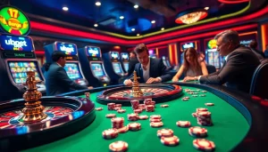 Exciting players engaging in high-stakes games at a luxurious casino with "uu88 bet" displayed.