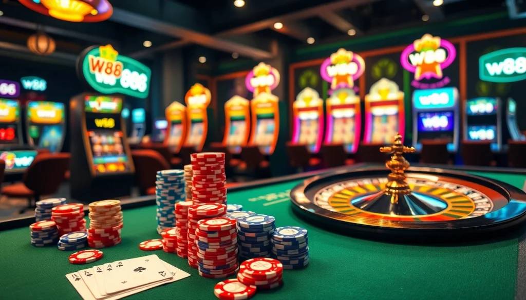 An exciting casino scene showcasing vibrant gaming elements with a focus on the w88 link brand.