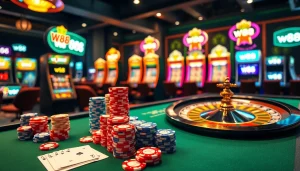 An exciting casino scene showcasing vibrant gaming elements with a focus on the w88 link brand.