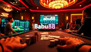 Babu88.global casino scene with vibrant poker table, chips, and spinning roulette wheel.