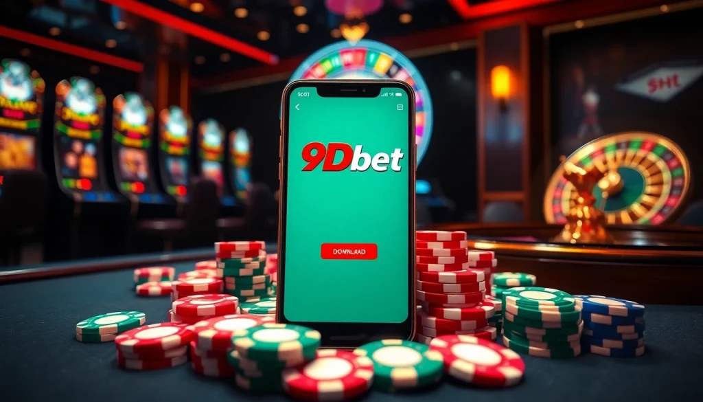 Experience the excitement of 9Dbet Download with vibrant casino elements like poker chips and a roulette wheel.