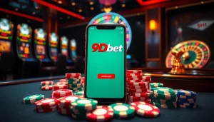 Experience the excitement of 9Dbet Download with vibrant casino elements like poker chips and a roulette wheel.