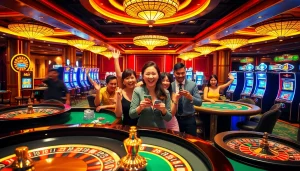 Excited players engaging in a vibrant casino scene featuring rr88 com's slot machines and poker tables.