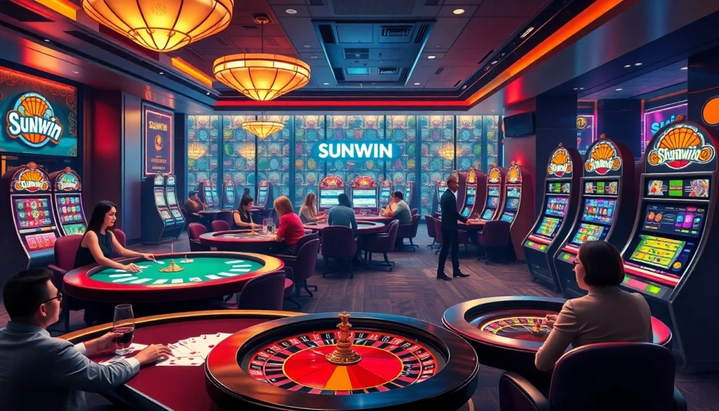 Players enjoying thrilling games at SUNWIN casino, showcasing vibrant poker tables and roulette wheels.