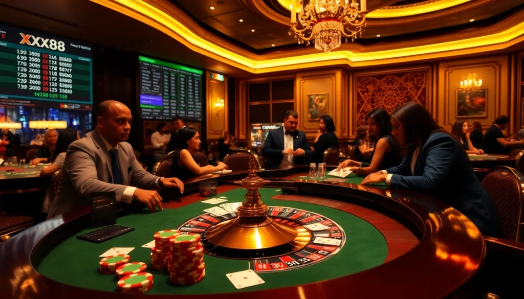 Excited players enjoying a luxurious casino experience at xx88's roulette table.