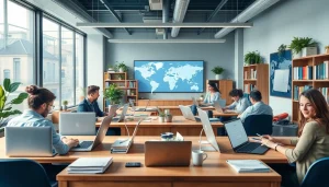 Espace de travail dynamique dans une agence de traduction, mettant en lumière des traducteurs variés en action.