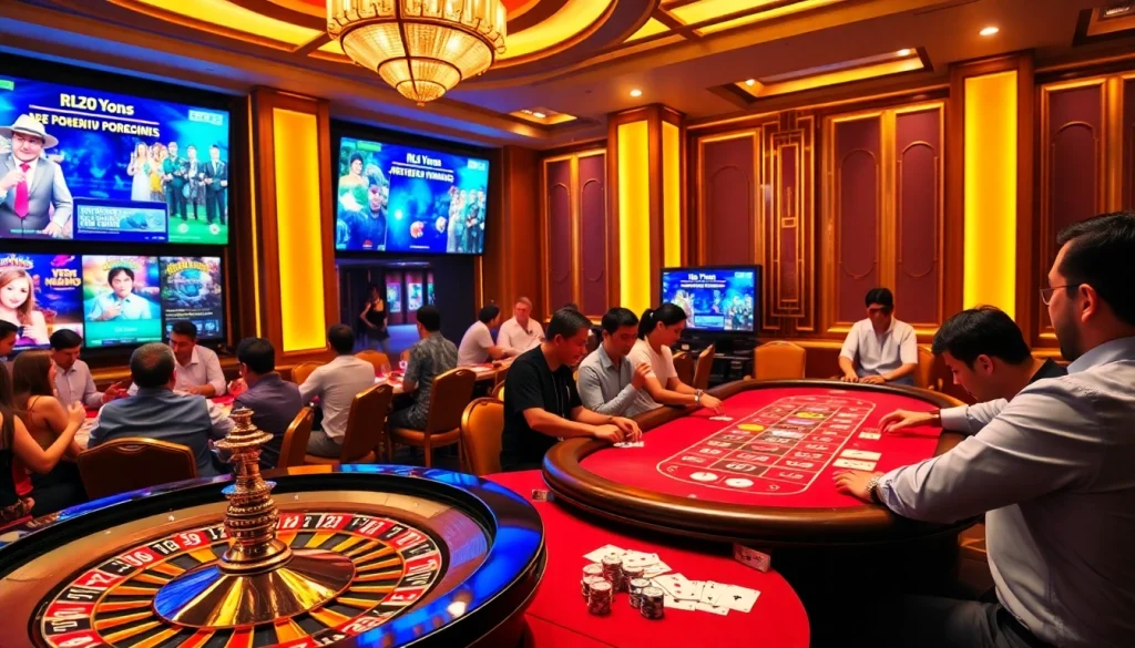 Engaging poker scene at rr88com with casino tables and excited players in a luxurious atmosphere.