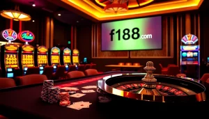 Experience the thrill of F168 com with an exciting casino scene featuring poker chips and roulette!