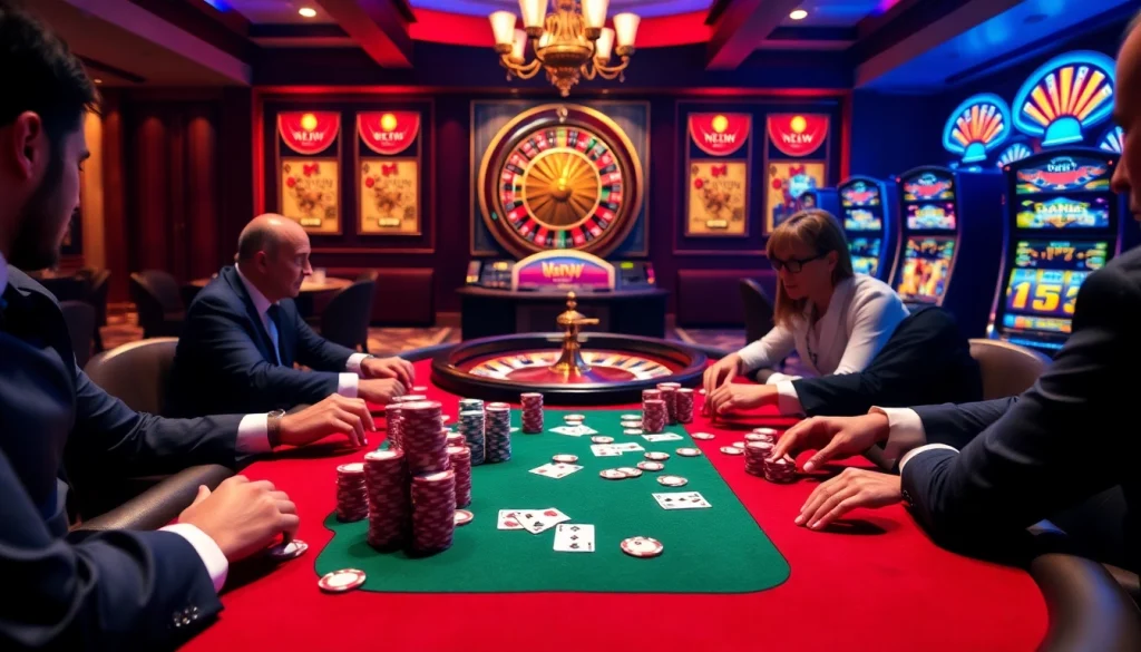 Players engaging in a high-stakes poker game at https://888newco.com/ casino table, surrounded by slot machines and a roulette wheel.