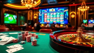 Thrilling casino action during a game at 99OK with colorful chips and cards.
