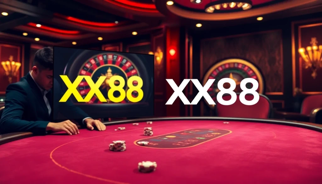 Experience gameplay excitement at xx88 with intense poker bets and a classic roulette wheel.