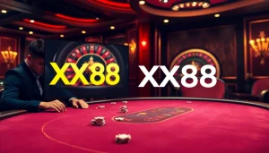 Experience gameplay excitement at xx88 with intense poker bets and a classic roulette wheel.