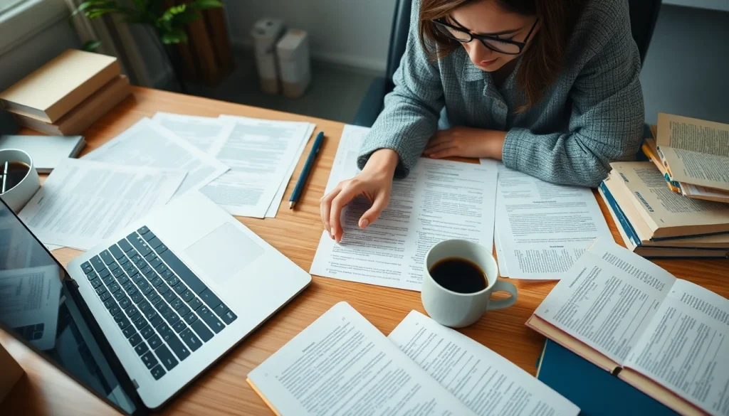 Professional workspace of a traducător autorizat with legal documents and translation tools.