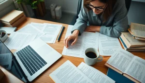 Professional workspace of a traducător autorizat with legal documents and translation tools.